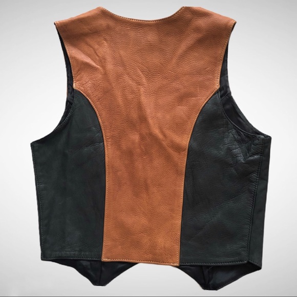 Vintage Made in USA Trim Leathers Black and Brown Biker Vest Blush Size Small - Picture 5 of 13